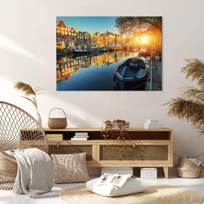 Bilder auf Leinwand 100x70cm Leinwandbild Kanal Boot Amsterdam Wasser Gross Wanddeko Bild Schlafzimm