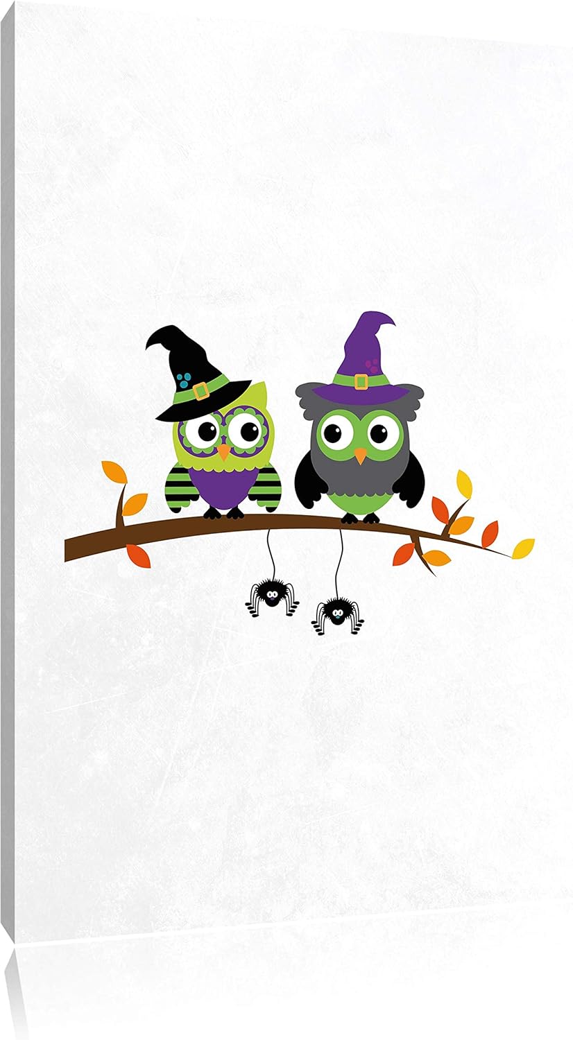 Pixxprint Lustige Hexen Eulen auf AST weiss, Format: 70x100 auf hochkantiges Leinwandbild, XXL riesi