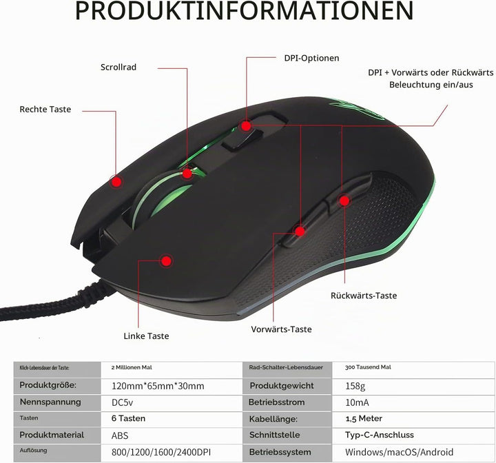 IULONEE Kabelgebundene Gaming-Maus USB C geräuscharmes Klicken 7 Farben Hintergrundbeleuchtung optis