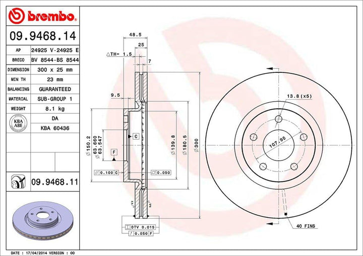 Brembo 09.9468.11 Vordere Bremsscheibe, Anzahl 2