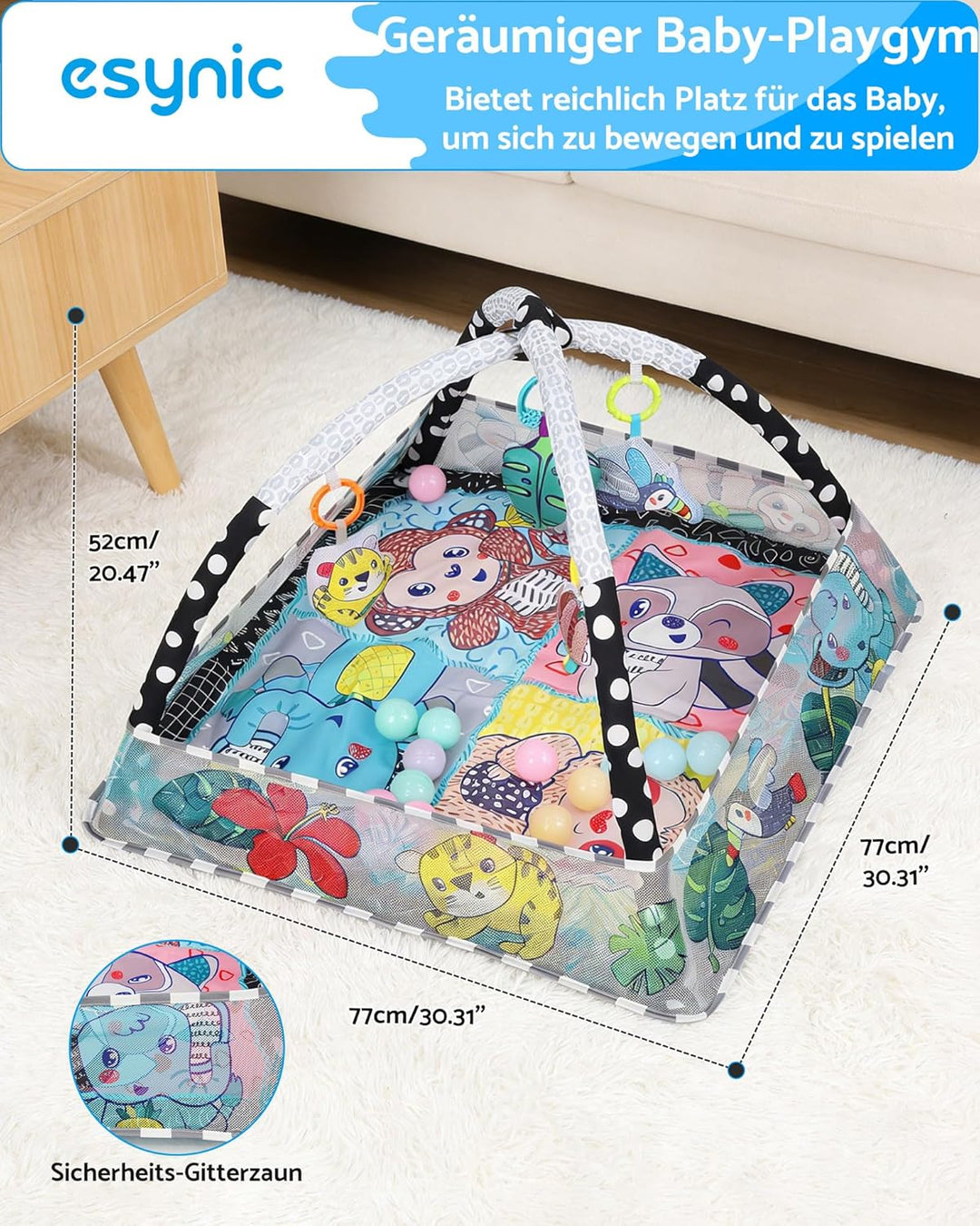 eSynic Baby Gym Spieldecke mit Spielbogen & Netz Baby Spielmatte für Bauchzeit 7-in-1 Krabbeldecke m