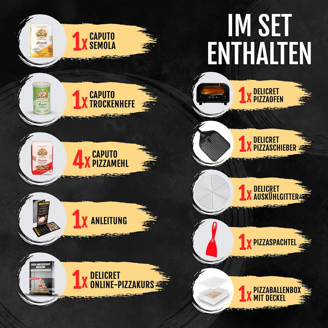 DELICRET elektrischer Pizzaofen 12” mit Pizzaschieber &amp; Pizzateig Starter Kit für Pizza Napoletana -