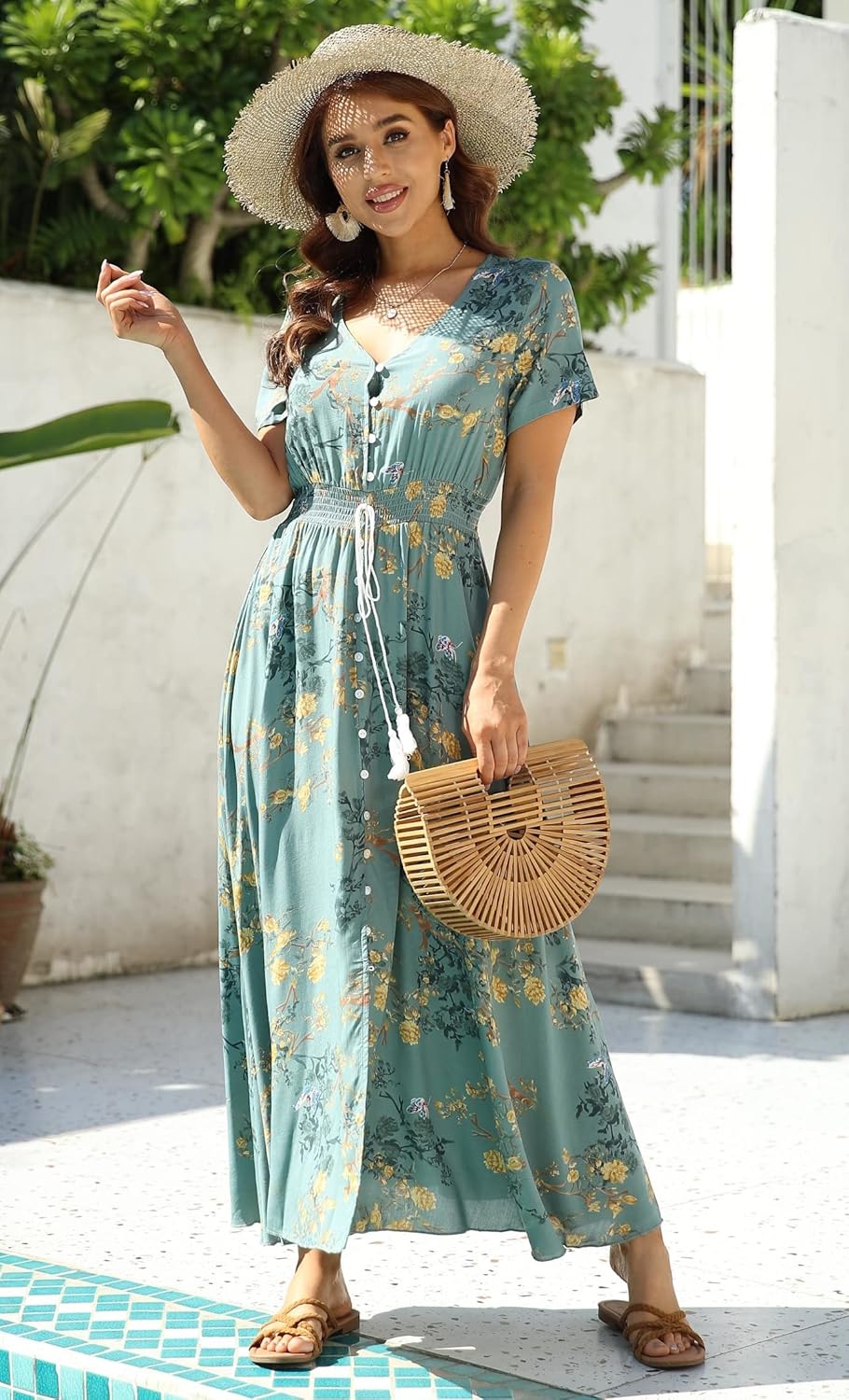 VOGMATE Damen Lange Split Knopf Up Sommer Maxikleid Floral Strandwear Holidy Kleid Hohe Taille mit k