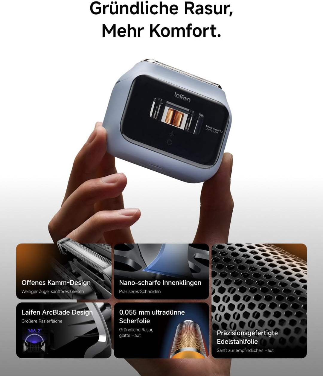 Laifen P3 Elektrorasierer Bundle, 3-Klingen-Folienrasierer, Nebelblau | 2×12.000 Schnitte/Min. Linea