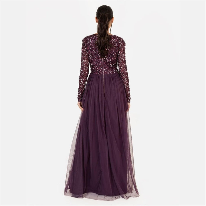 Maya Deluxe Damen Ladies Maxi Dress Women with Long Sleeves V Neckline Plunging Sequin Embellished f
