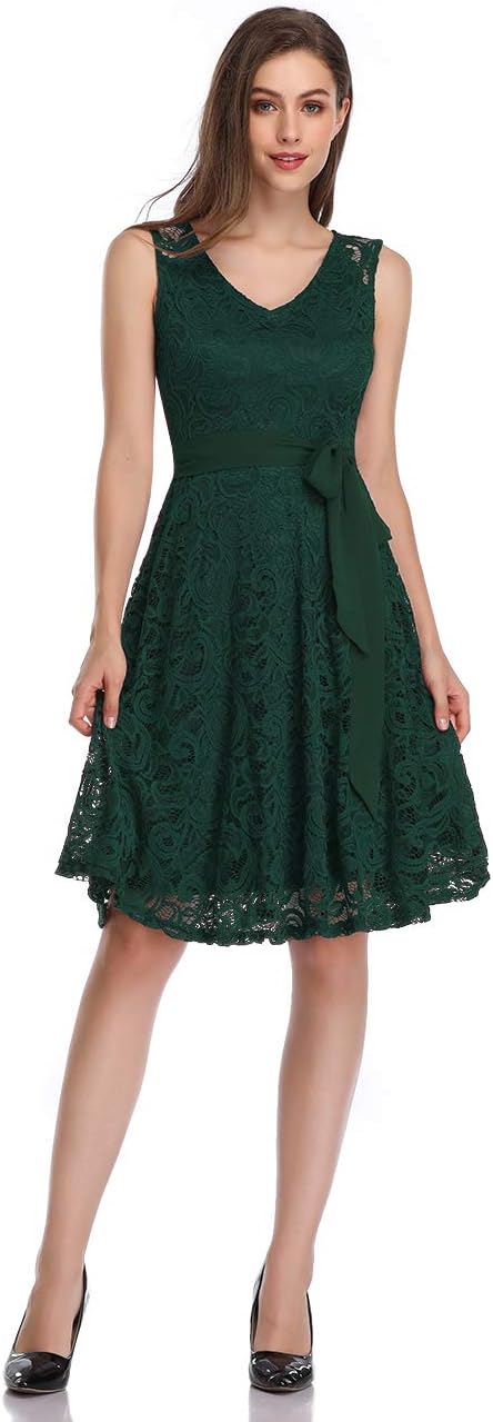 KOJOOIN Damen Vintage Brautjungfernkleider für Hochzeit Knielang Spitzenkleid Cocktailkleid Ballklei
