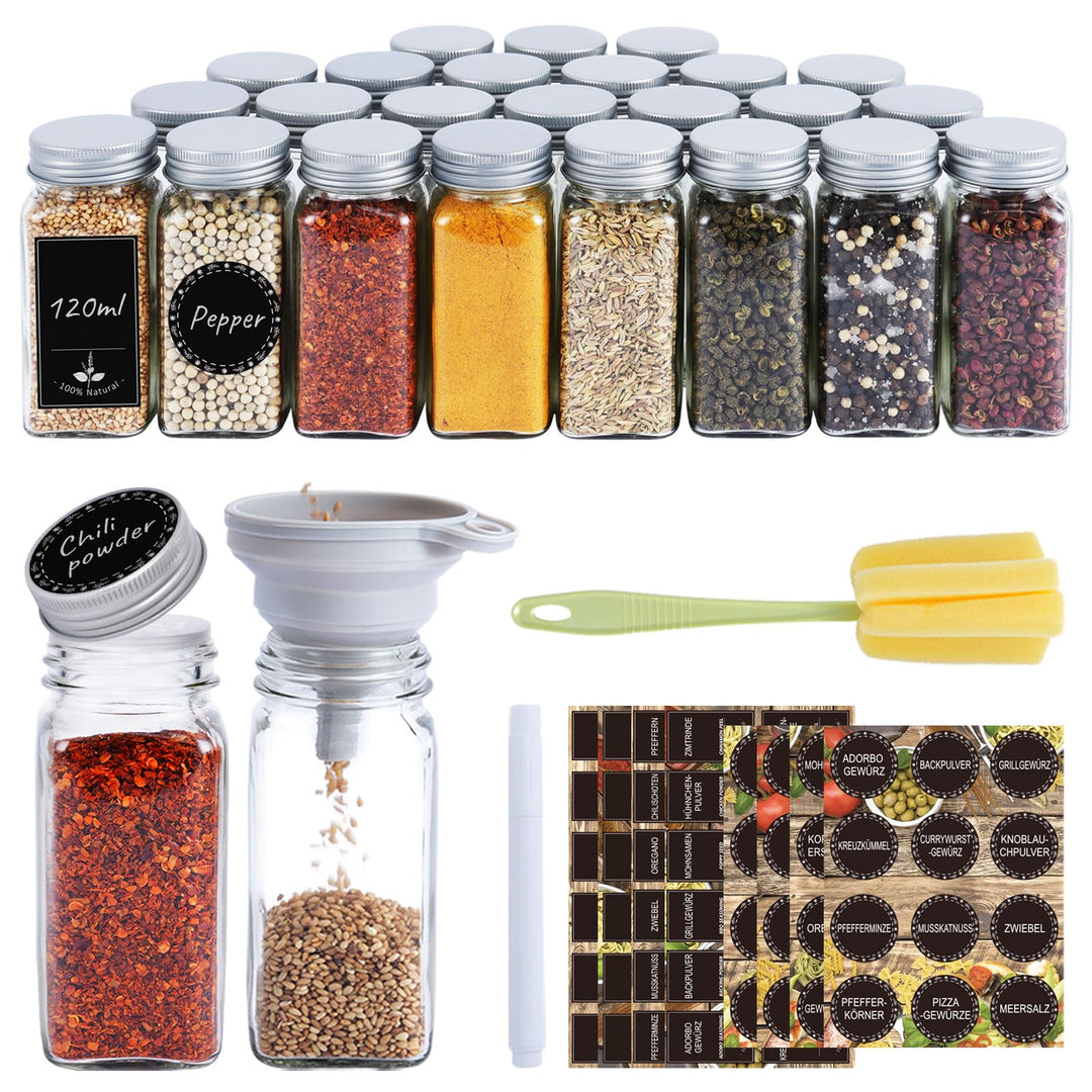 Ferghana Gewürzgläser Eckig Set，Gewürzdosen Set 24x120ml ，Spice Jars mit Streueinsatz，Etiketten，Tric