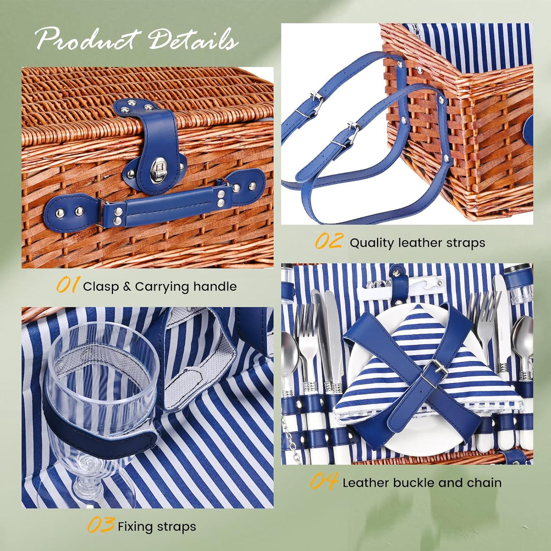 Picknickkorb 4 Personen, Wicker Picknickkorb für 4 Personen mit Wasserdichter Picknickdecke und Best