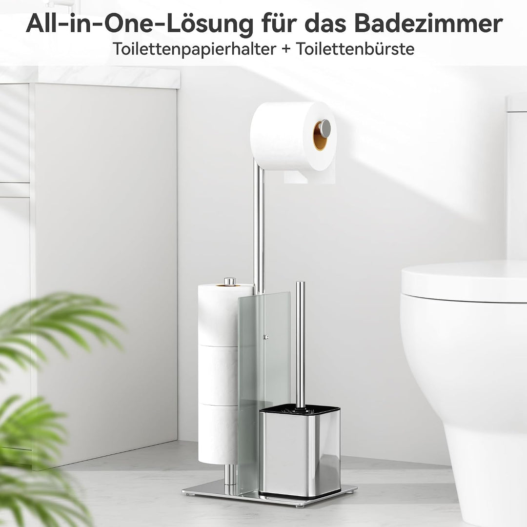 Toilettenpapierhalter Stehend mit WC Bürste - Toilettenbürste und Klorollenhalter Stehend mit Glasre
