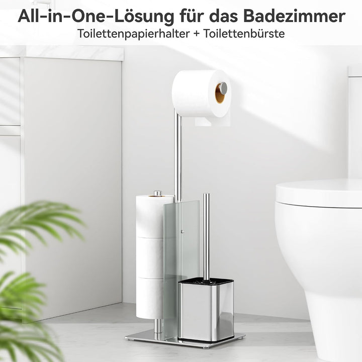 Toilettenpapierhalter Stehend mit WC Bürste - Toilettenbürste und Klorollenhalter Stehend mit Glasre