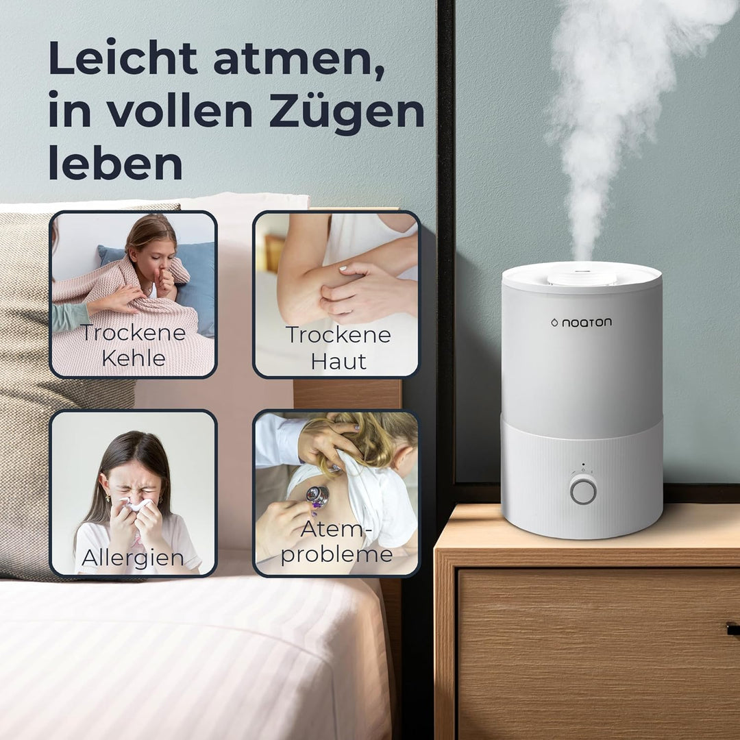 Noaton Essential Luftbefeuchter, 2 ätherische Öle inklusive, 3,3L Top-fill, 33H Laufzeit, 7-Farben-N