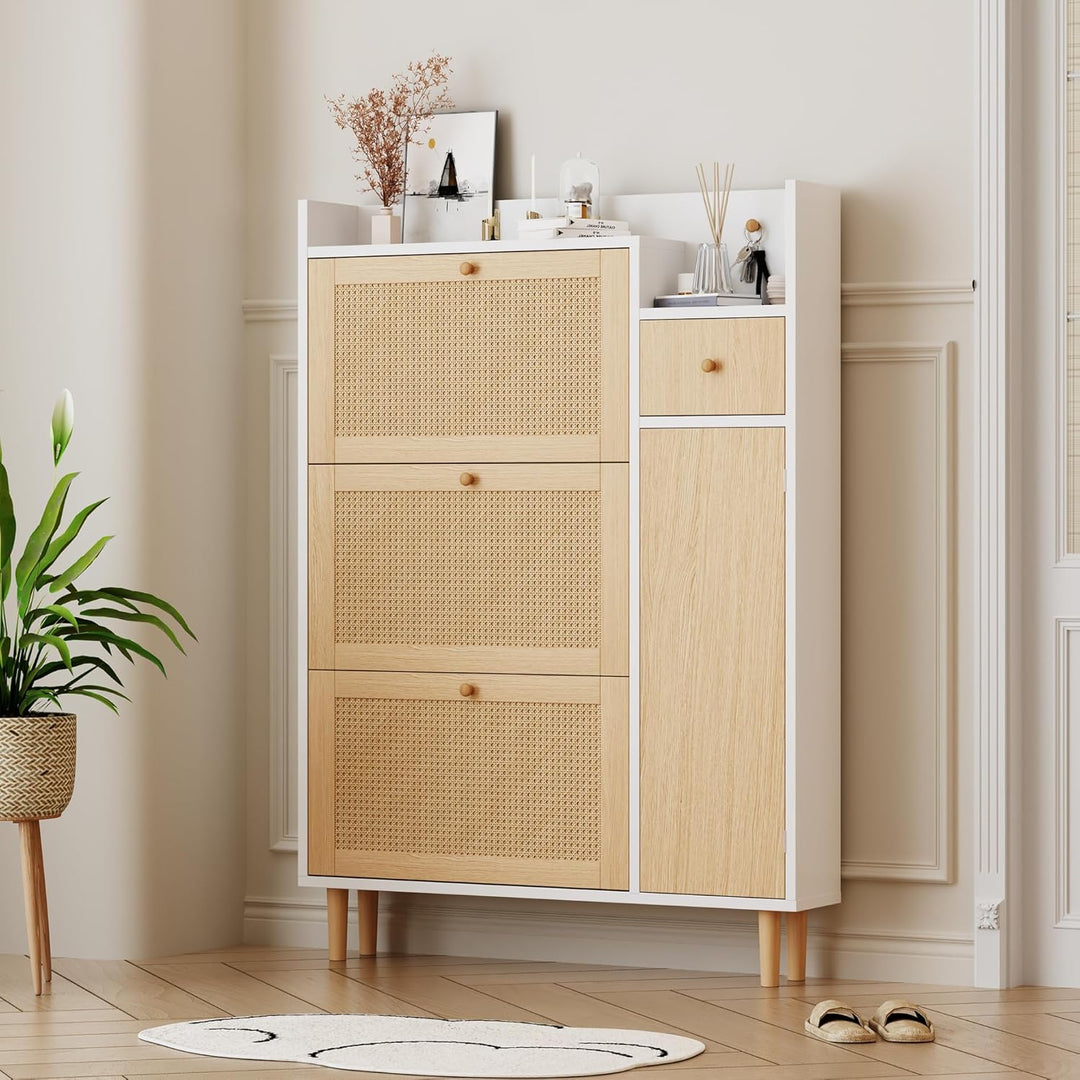 BTM Schuhschrank, Rattan Holz Schuhkipper mit 3 Klappen & Schublade & Tür & Massivholzbeinen, 90x17x