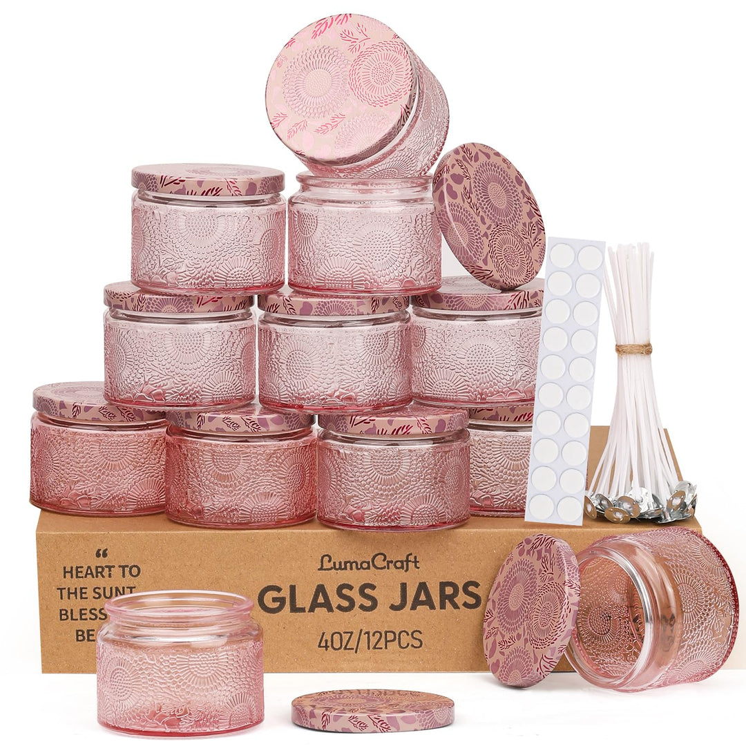 Candle Jar Luxus Relief Kerzengläser zum Kerzen giessen- 12er Pack Leere Glasgefässe mit Luftdichtem