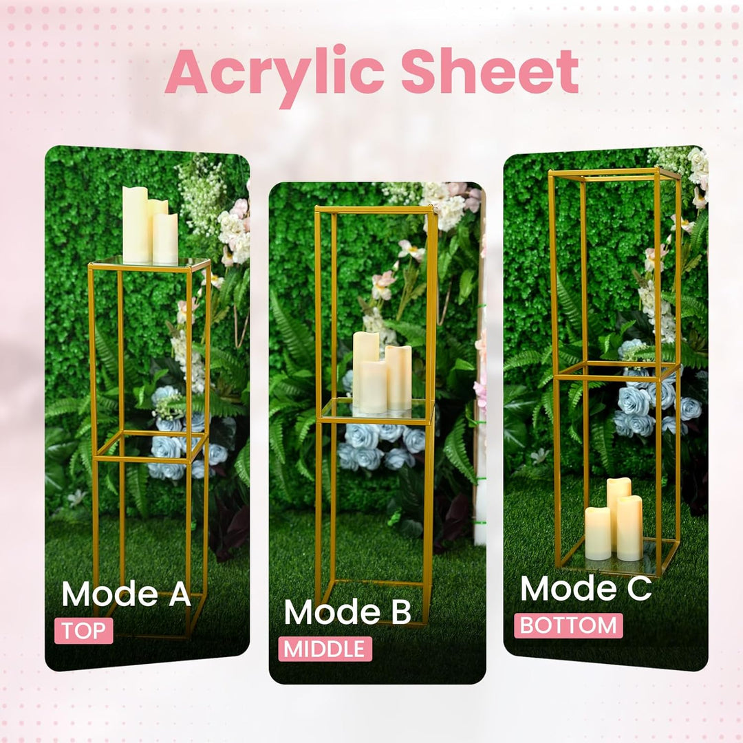 YALLOVE 2 Stück 80cm Metall Blumenständer Gold Mittelstücke Vasen Stand mit Klaren Acrylplatten, Geo