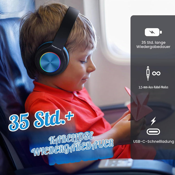 Kinderkopfhörer Bluetooth, PowerLocus Kinder Kopfhörer Kabellos mit LED-Leuchten 74/85/94dB Lautstär