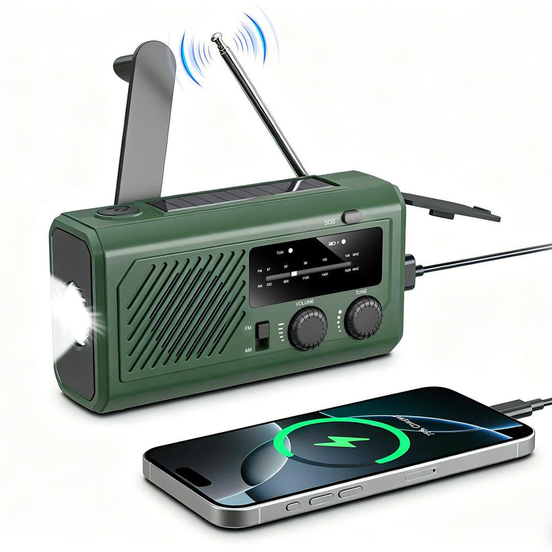 4000mAh Kurbelradio Notfallradio mit Powerbank, Solar &amp; USB Aufladbar, AM/UKW Radio mit SOS-Alarm, L
