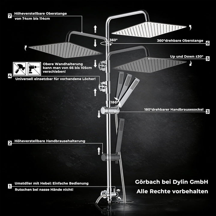 Görbach Edelstahl Regendusche Duschsystem ohne Armatur, Chrom Regendusche Set Wassersparend, Höhenve
