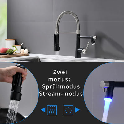 TIMACO LED Gebürstetes Nickel und Schwarz Wasserhahn Küche mit Schloss Brause Ausziehbar - 360° Schw