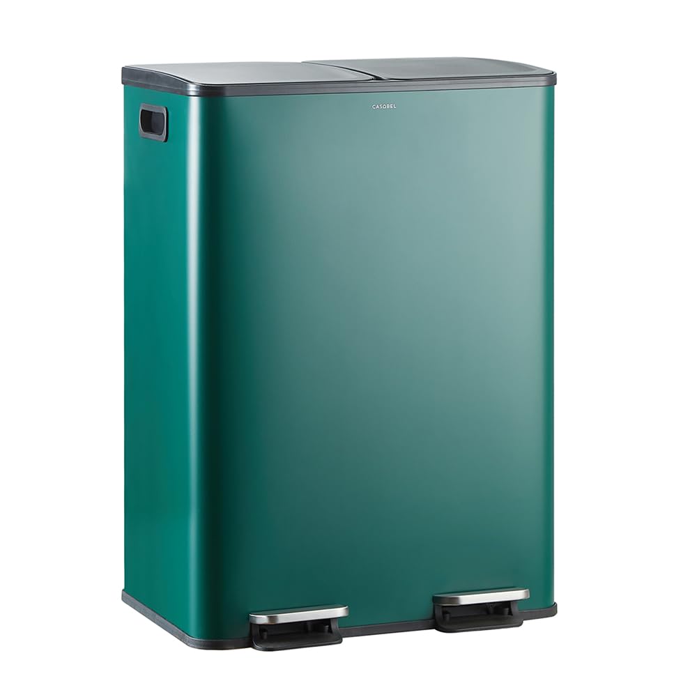 CASABEL Mülleimer Küche Mülltrennung 60L – 2x30L Doppelkammer mit Pedal, Edelstahl Dunkelgrün, Abfal