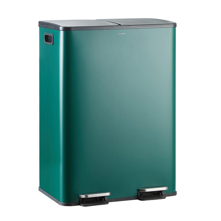 CASABEL Mülleimer Küche Mülltrennung 60L – 2x30L Doppelkammer mit Pedal, Edelstahl Dunkelgrün, Abfal