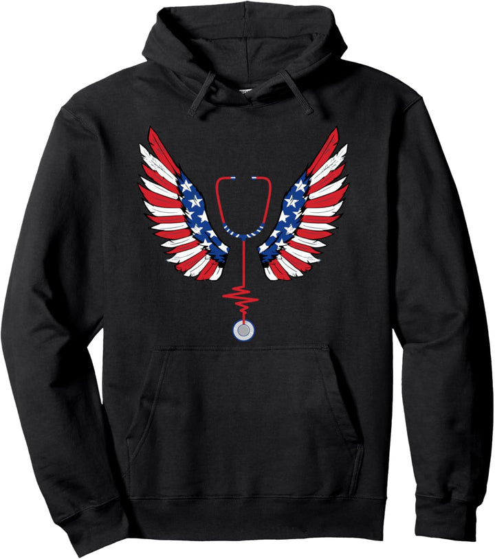 Nurse American Flag 4th Of July Wings Patriotic RN Nursing Pullover Hoodie