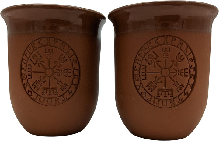 Tonbecher Set Vegvisir - Keramik Becher mit Gravur, Mittelalter Kaffeebecher, 200 milliliters