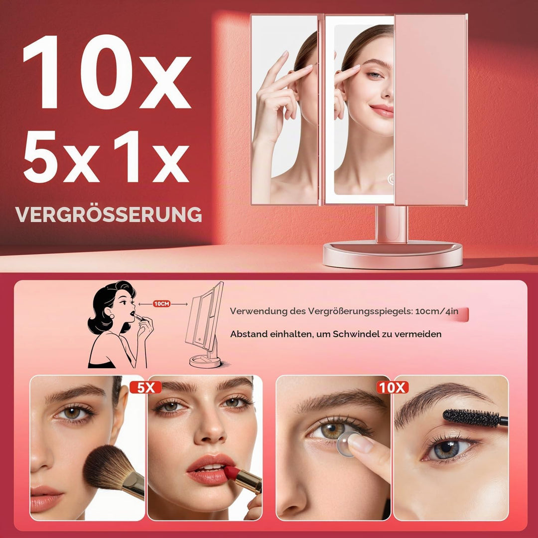 Auxmir Schminkspiegel mit Beleuchtung, 10X/5X/1X Kosmetikspiegel Vergrösserungsspiegel mit Licht &amp; 3