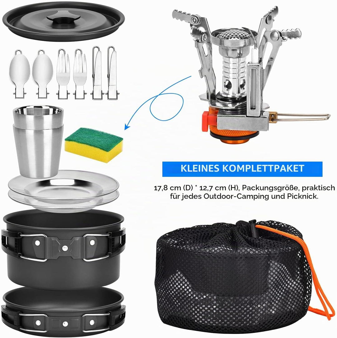 Queta Camping Kochgeschirr Set 17-teiligs Cookware Kit Picknick Töpfen für 2-3 Personen Zum Camping