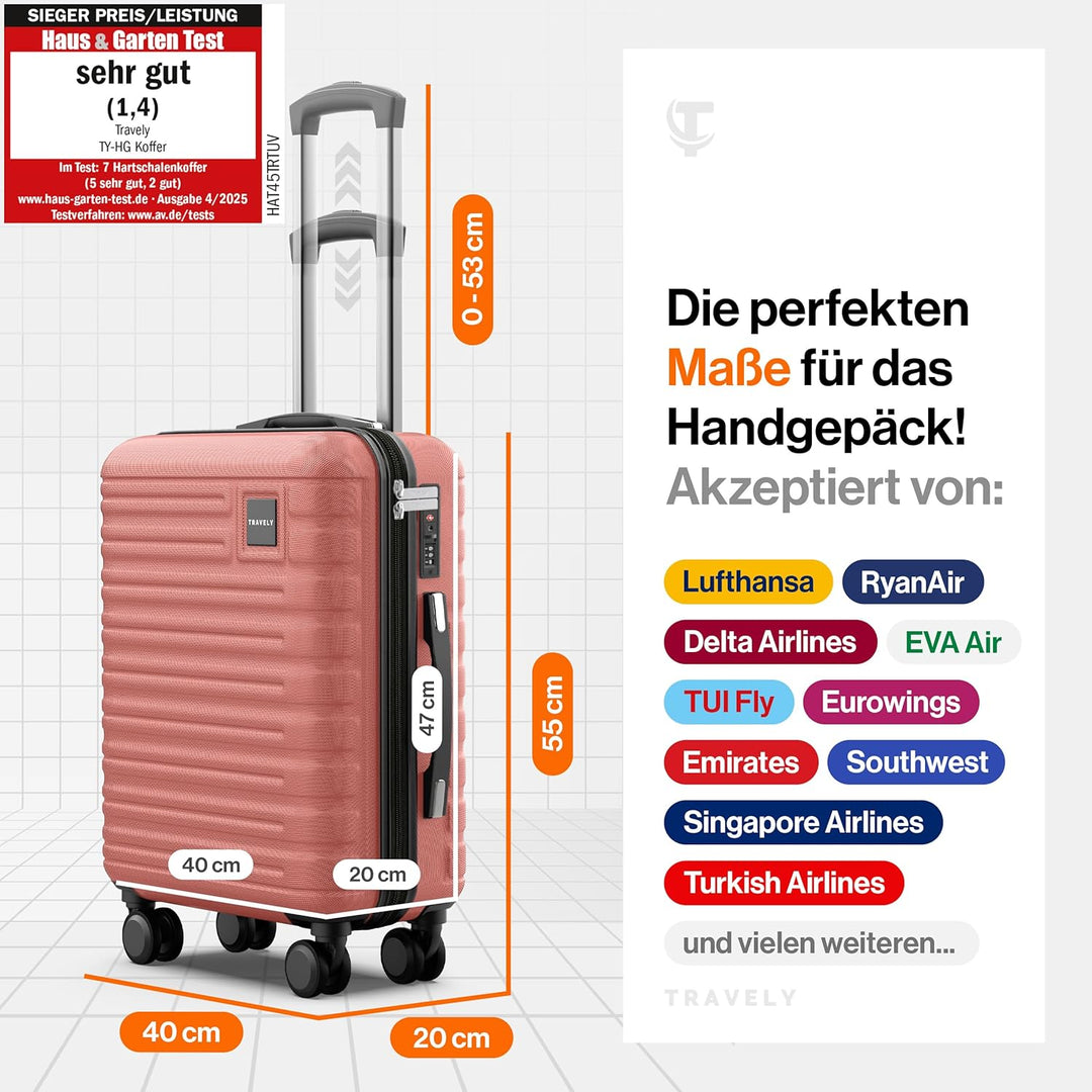 Travely Premium Handgepäck Koffer 55x40x20cm - passend für Ryanair, Lufthansa, Eurowings und co. I 3
