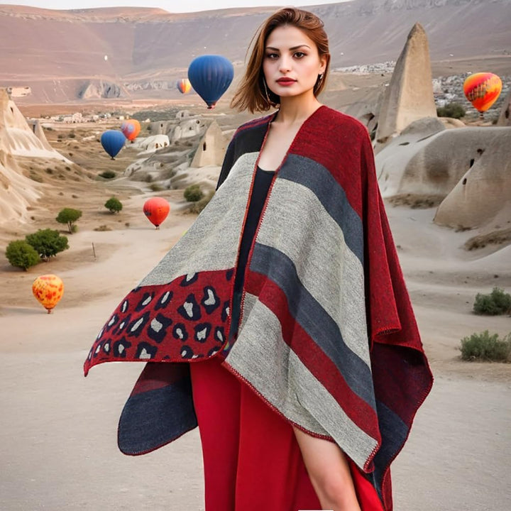 Shmily Girl - Damen Poncho Habe Gestrickt Überdimensionalen Decke Kap-Schal Leopard / Rot, Leopard /
