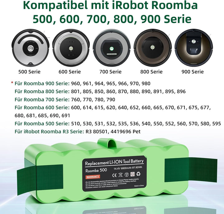 6800mAh 14,4V für iRobot Roomba Akku, Ersatzakku für iRobot Roomba 500 521 530 560 563 565 600 605 6