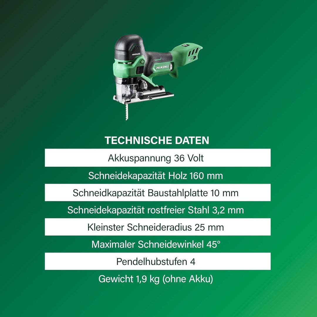 HiKOKI Akku-Stichsäge CJ36DB, Stabgriff, 36V, Brushless Motor, Säge | Inklusive 2x 2,5 Ah Li-Ion Akk