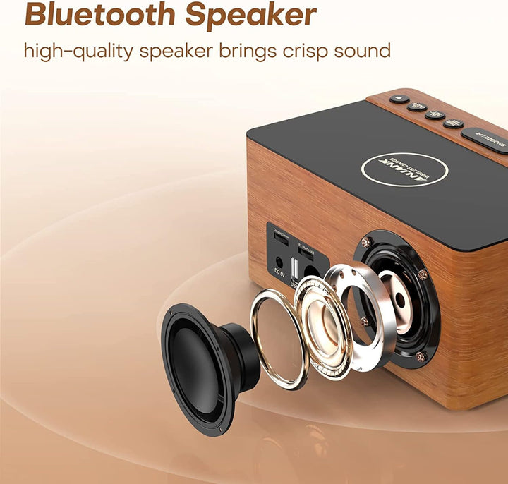 ANJANK Hölzerner Bluetooth-Lautsprecher Radiowecker Digital,Kabellose Ladestation für iPhone/Samsung
