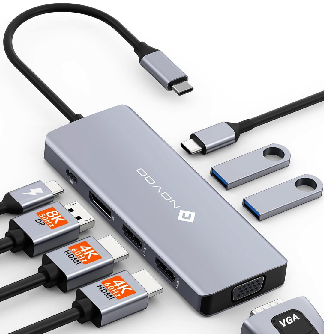 NOVOO USB C Docking Station 4 Monitore 8-in-1 USB C Hub mit 4K@120Hz DisplayPort,2HDMI 4K@60Hz,VGA,2