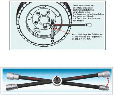 4 in 1 Spezial Radmuttern-Schlüssel Radkreuz (Kreuzschlüssel) Kompakt klappbar (faltbar) Nuss 17 19