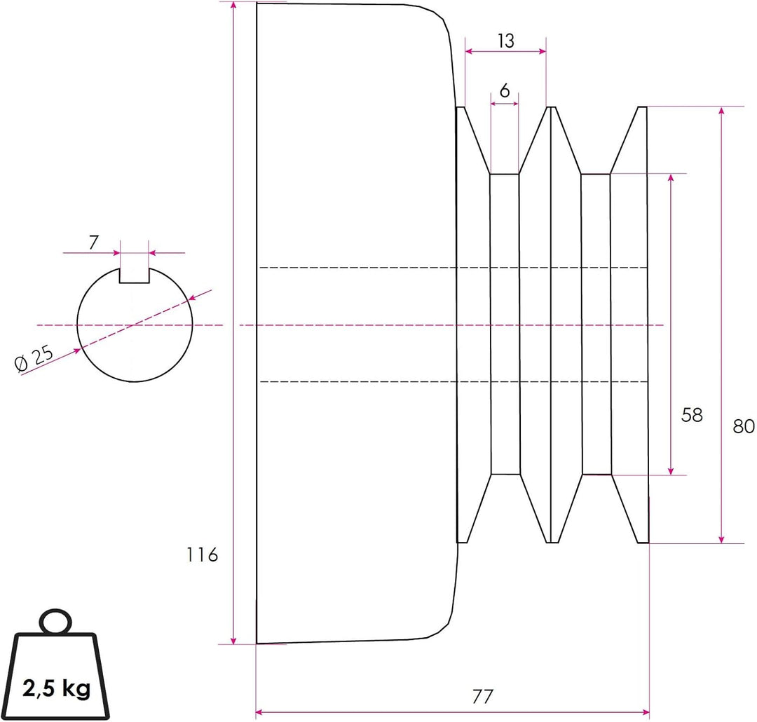 EBERTH Doppel Fliehkraftkupplung 25mm Welle für Doppelkeilriemen, 7mm Passfedernut, 58mm Keilriemenr