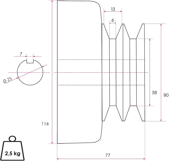 EBERTH Doppel Fliehkraftkupplung 25mm Welle für Doppelkeilriemen, 7mm Passfedernut, 58mm Keilriemenr