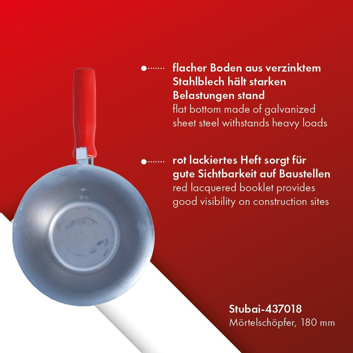 STUBAI Mörtelpfanne verzinkt 180 mm | Profi Gipserpfanne inkl. rotem Holzheft für Putz- und Spachtel