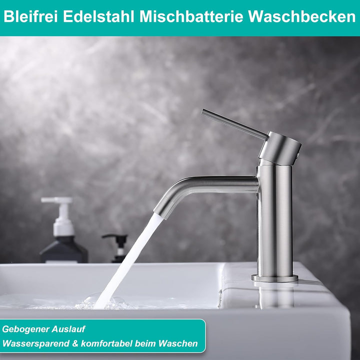 Wasserhahn Bad Gebürstetes Nickel Edelstahl, Anti Korrosion Bleifrei Unterdruck Waschbecken Armature