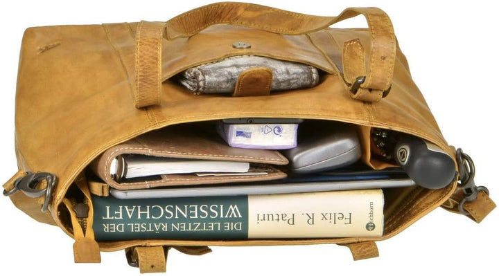 Bear Design Damen Tasche Ledertasche Shopper Schultertasche Handtasche Leder senfgelb Ocker 34x27cm