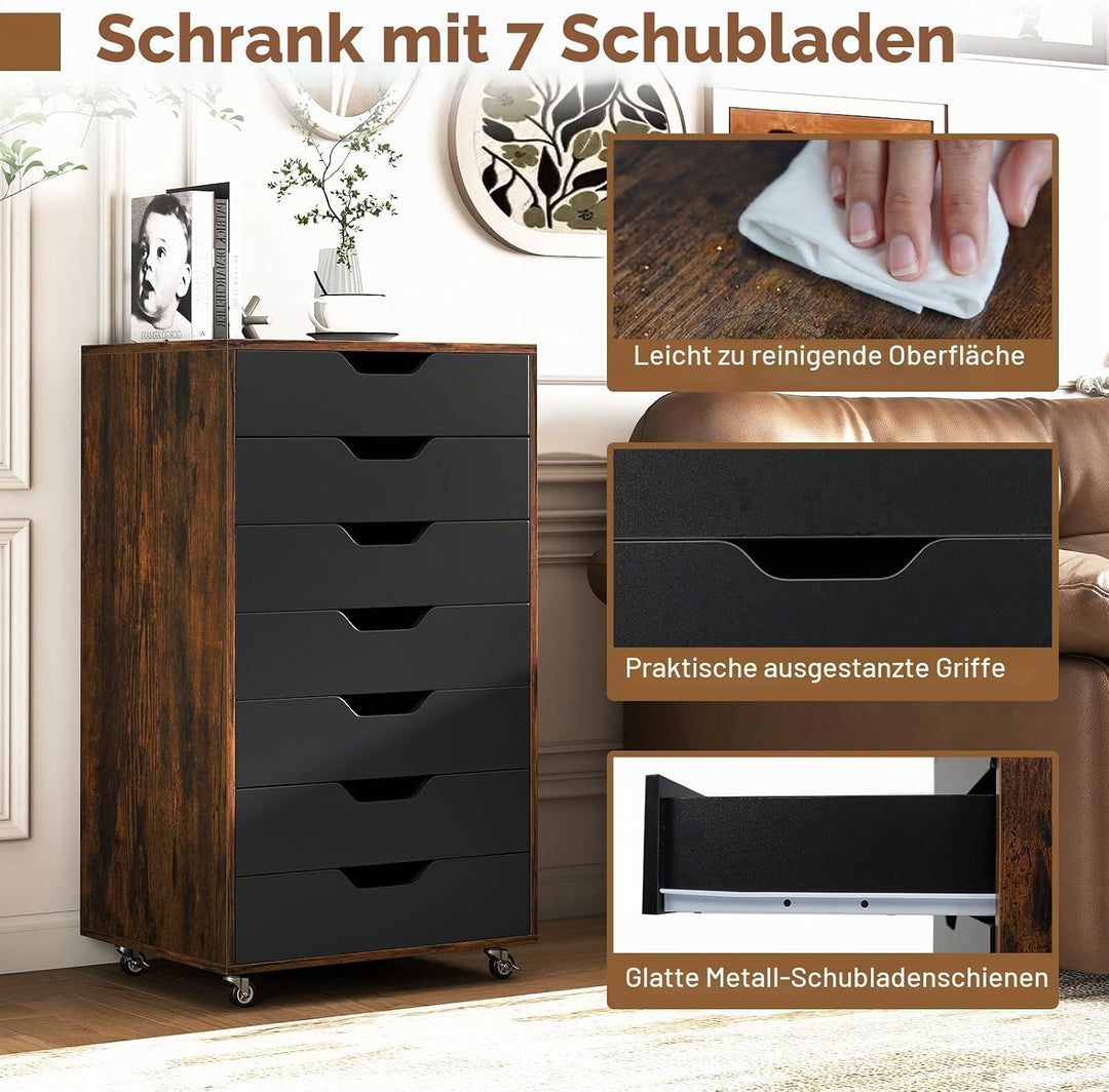 GIANTEX Rollcontainer mit 4 Schubladen &amp; 2 Schränke, Aktenschrank mit Rollen, Schubladenschrank Holz
