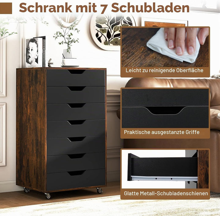 GIANTEX Rollcontainer mit 4 Schubladen &amp; 2 Schränke, Aktenschrank mit Rollen, Schubladenschrank Holz