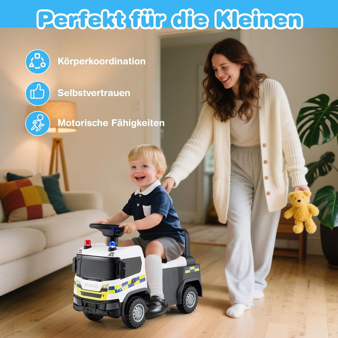GOPLUS Kinder Rutschauto, 2 in 1 Schiebeauto, Polizeiauto mit Lichtern, Geräuschen &amp; Stauraum unter