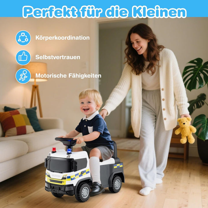 GOPLUS Kinder Rutschauto, 2 in 1 Schiebeauto, Polizeiauto mit Lichtern, Geräuschen &amp; Stauraum unter