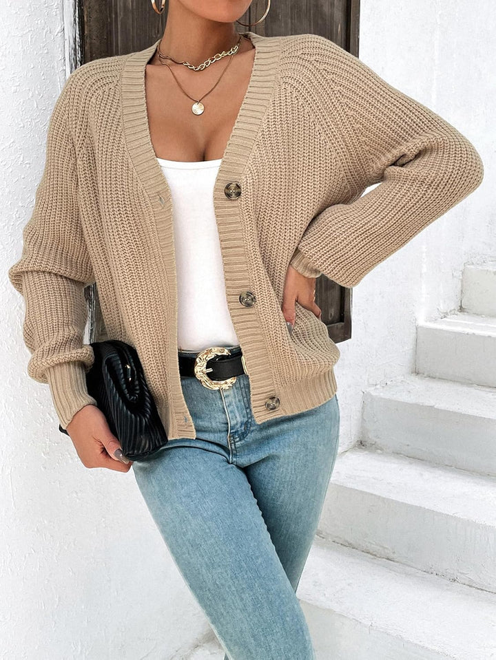 Hotouch Strickjacke Damen Kurz Strick Cardigan V-Ausschnitt Knopfleiste Open Front Sweater Elegant C