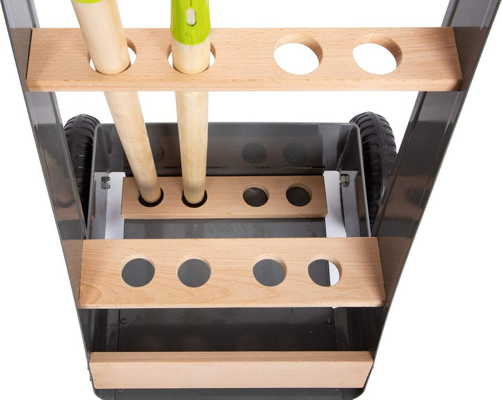 small foot 11663 Gartentrolley-Set aus Buchenholz und Metall inkl. Spaten, Rechen, Pflanztopf, Schau