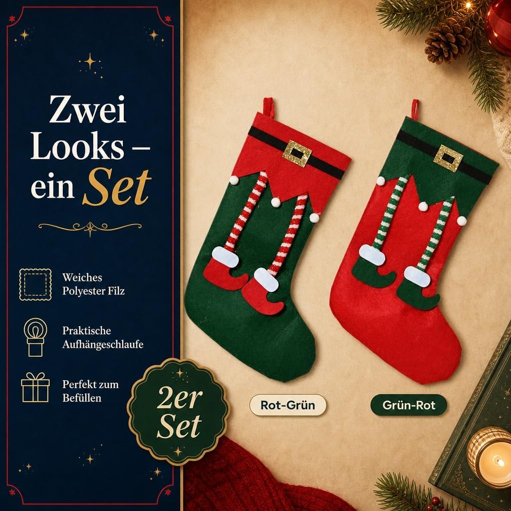 MIJOMA Weihnachtsstrümpfe 2er Set – dekorative Filz-Socken mit Elfen-Design zum Befüllen &amp; Aufhängen
