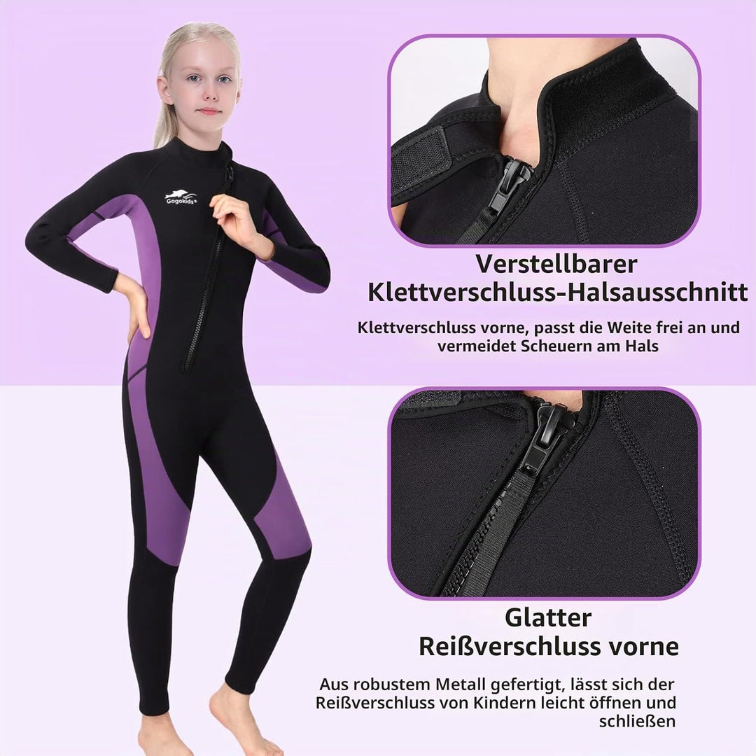 Gogokids Neoprenanzug Kinder, 8-16 Jahre Neopren Thermal Badeanzug, Front Zipper Lang Taucheranzug,