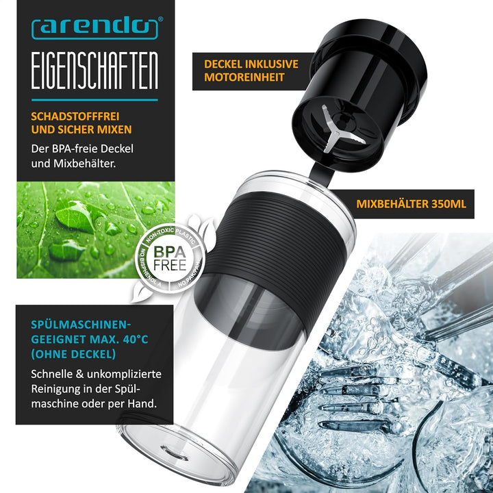 Arendo - Smoothie Maker to GO – tragbarer kabelloser Mixer 350 ml – Akkubetrieb Li-Ion - BPA freie F