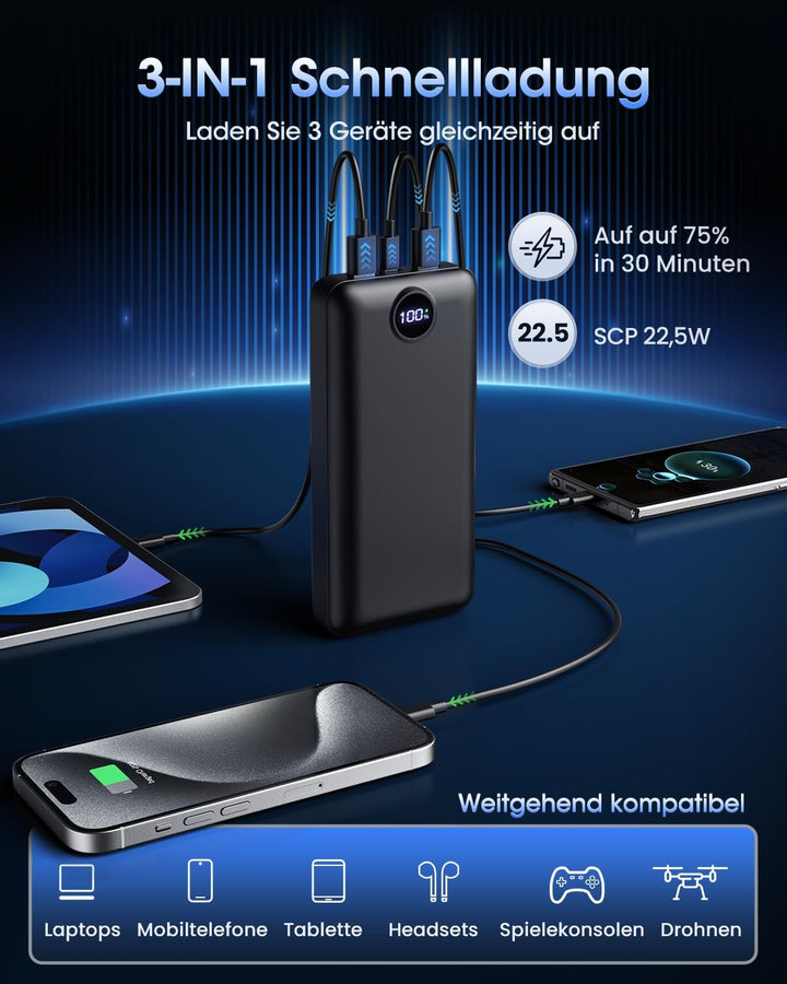 PowerBank 50000mAh grosse kapazität, 22,5W schnelles Aufladen USB-C 3 Ausgänge und 2 Eingänge LED ex